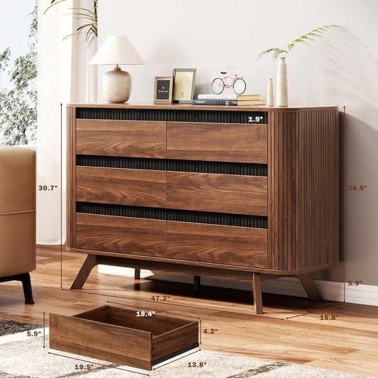 6 Drawer Dresser for Bedroom, Mid-Century Walnut Fluted Bedroom Dresser, 47.2" Wide Clothes Dresser, Modern Curved Profile Design Storage Organizer for Bedroom, Living Room, Hallway