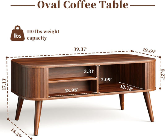 Coffee Tables for Living Room,Oval Fluted Coffee Table with Hidden Storage,39.4" Mid-Century Modern Walnut Wood Coffee Table with Sliding Cabinet Door & Solid Wood Legs
