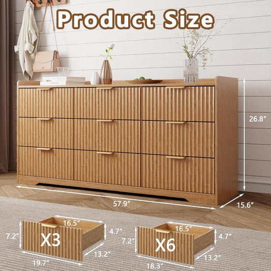 9-Drawer Fluted Chest of Drawers, 57.9" Wide Dresser for Boho Theme Bedroom, Modern Wood TV Stand Organizer for Living Room, Wooden Deep Drawer Chest with Metal Handle, Natural Oak
