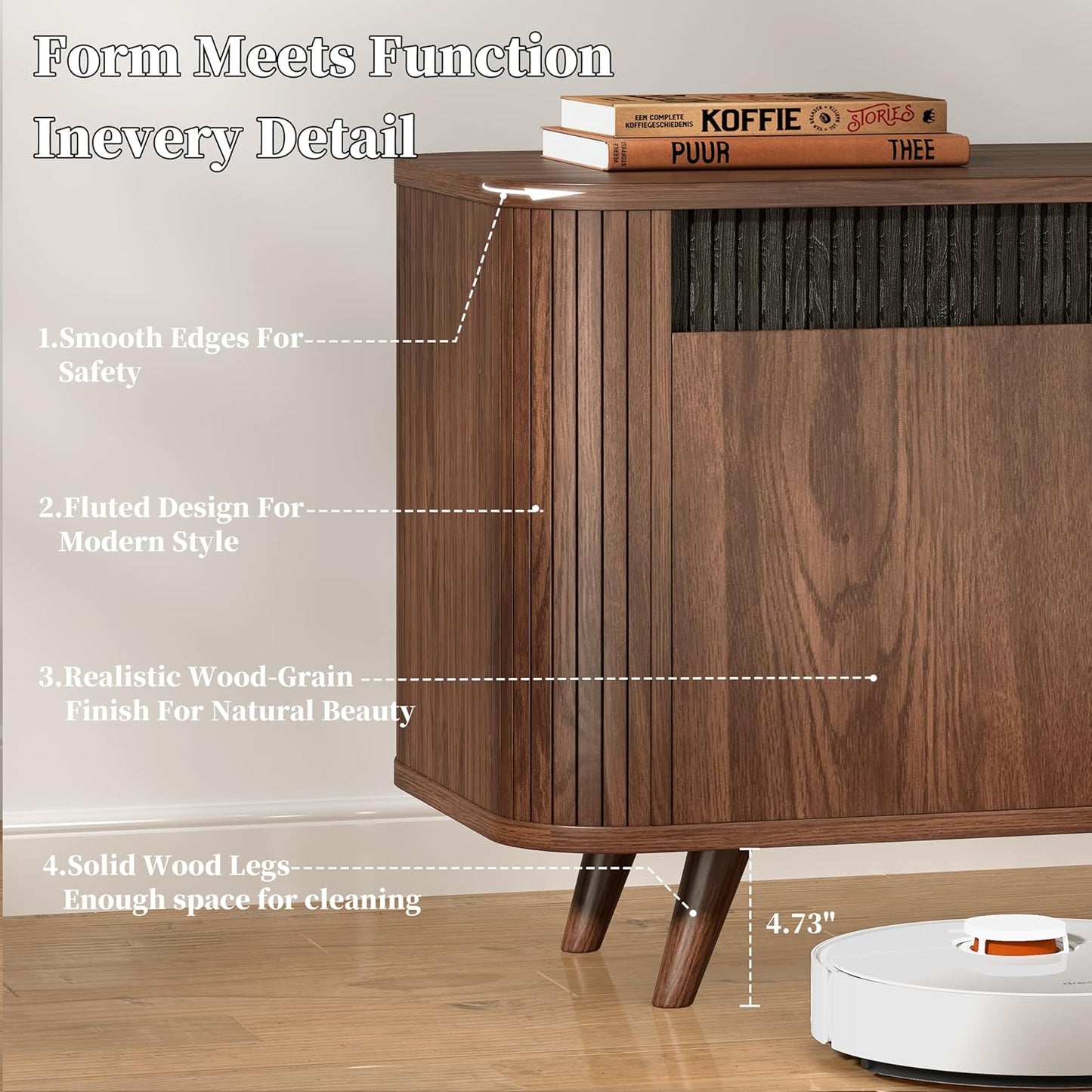 Mid Century Modern TV Stand up to 65 Inch with Power Outlet USB Type-C, Entertainment Center Fluted Wood TV Console with Storage Drawer for Living Room/Bedroom, Walnut