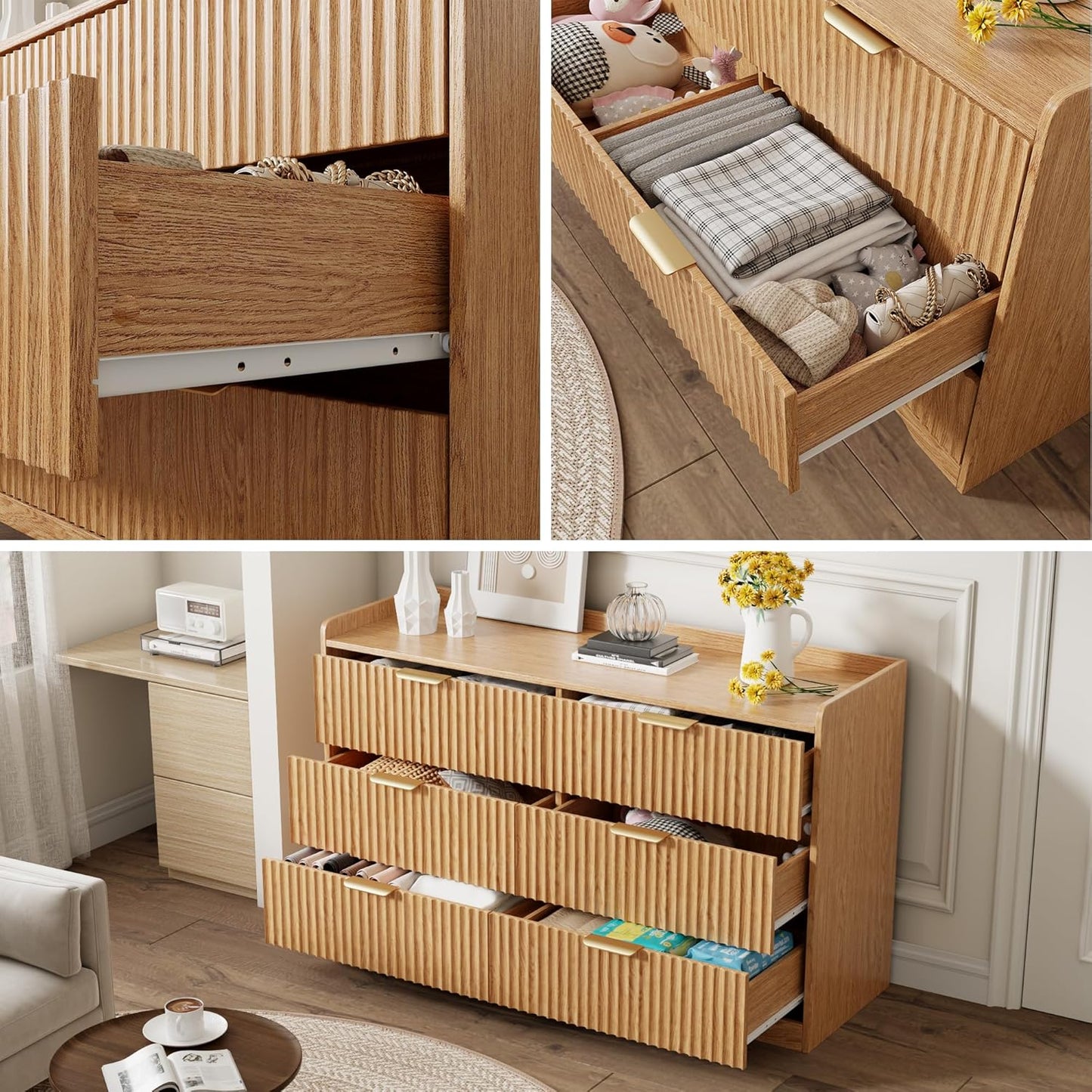 Fluted Dresser for Bedroom 6-Drawer Chest of Drawers, 47" Wide Clothes Dresser for Small Spaces, Modern Wood TV Stand Organizer for Living Room, Horizontal Storage Cabinets,Natural Oak