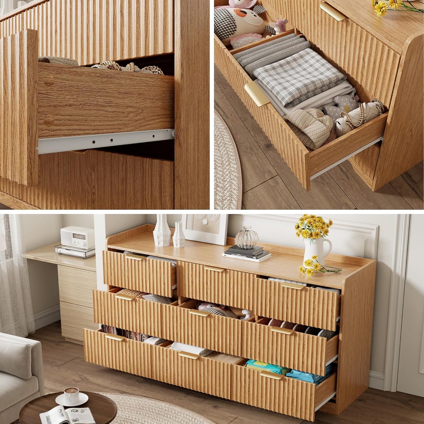 9-Drawer Fluted Chest of Drawers, 57.9" Wide Dresser for Boho Theme Bedroom, Modern Wood TV Stand Organizer for Living Room, Wooden Deep Drawer Chest with Metal Handle, Natural Oak