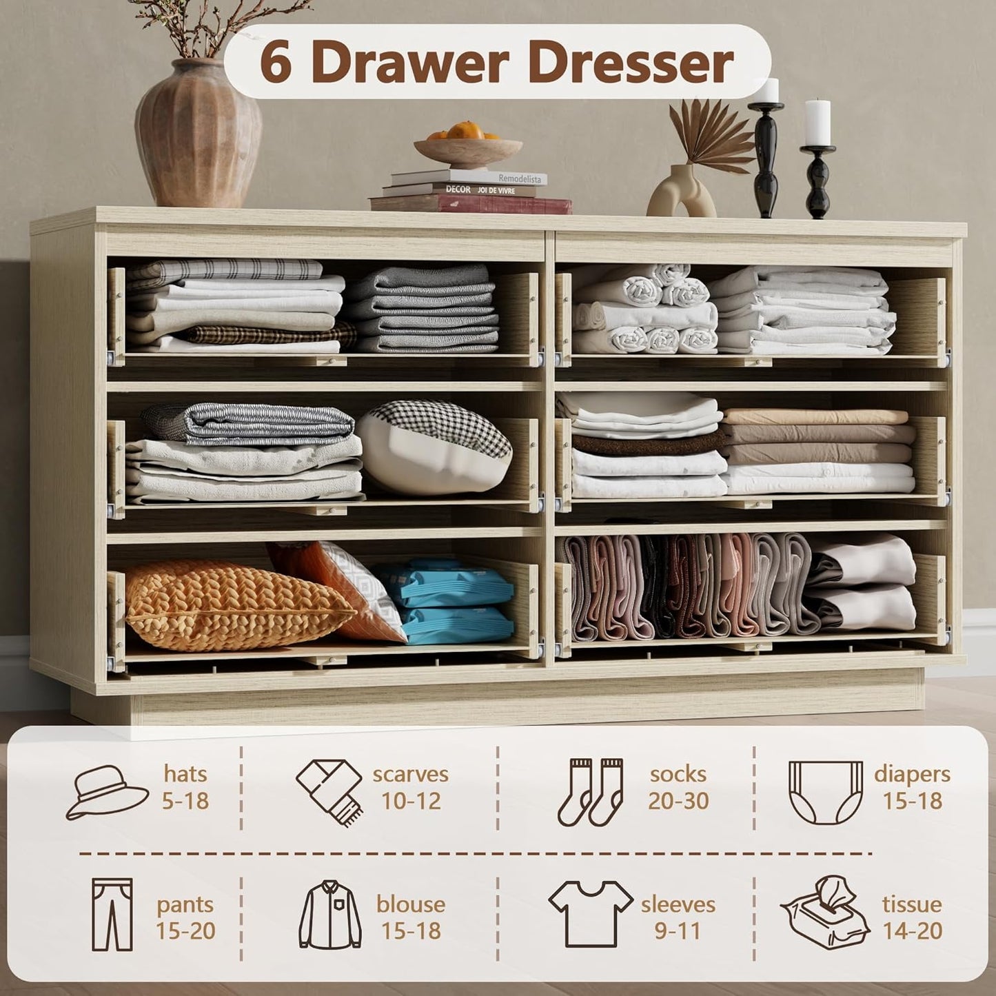 6 Drawer Dresser for Bedroom, 47" Wide Double Dresser, Chest of Drawers with No-Handle Design, Minimalist Wood Storage Dressers Organizer Furniture for Nursery, Living Room, Entryway, Light Oak