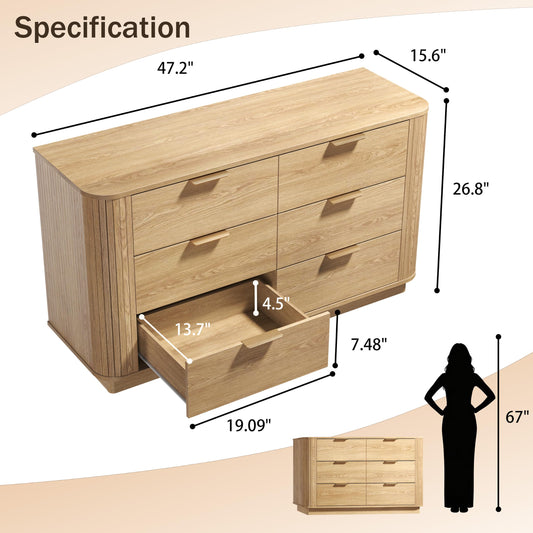 6 Drawer Dresser for Bedroom, 47'' Wide Chest of Drawers, Natural Oak Fluted Wood Dressers with Metal Handle & Smooth Slides, Modern Dresser for Closet, Living Room, Hallway, Entryway