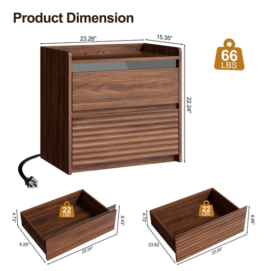 LED Nightstands Set of 2, Charging Station, Fluted Bedside Tables Walnut Wood Night Stands & End Tables with 2 Drawers, Glass Panel & Raised Edge Top for Bedroom, Living Room, Small Spaces