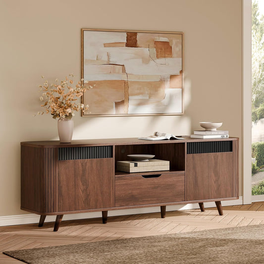 Mid Century Modern TV Stand up to 65 Inch with Power Outlet USB Type-C, Entertainment Center Fluted Wood TV Console with Storage Drawer for Living Room/Bedroom, Walnut