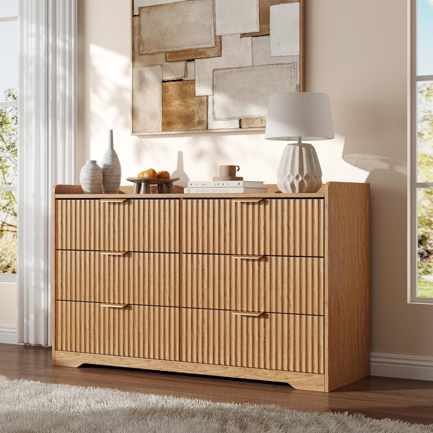 Fluted Dresser for Bedroom 6-Drawer Chest of Drawers, 47" Wide Clothes Dresser for Small Spaces, Modern Wood TV Stand Organizer for Living Room, Horizontal Storage Cabinets,Natural Oak