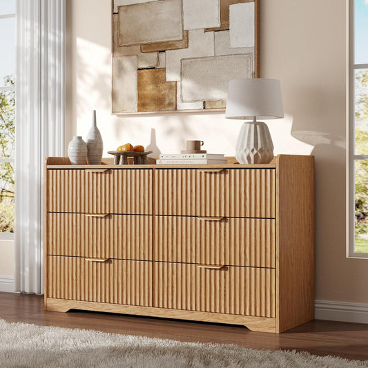 Fluted Dresser for Bedroom 6-Drawer Chest of Drawers, 47" Wide Clothes Dresser for Small Spaces, Modern Wood TV Stand Organizer for Living Room, Horizontal Storage Cabinets,Natural Oak