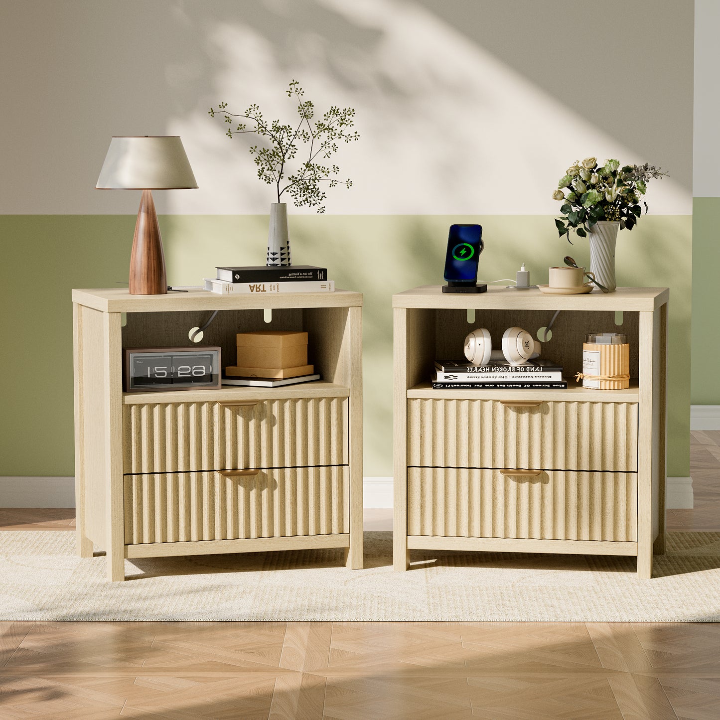 RELAXBAYS Nightstands Set of 2 with Charging Station, Light Oak Fluted Night Stand with 2 Drawers and Open Shelf, Wood Bedside Tables with Outlets, Night Table for Bedroom, Living Room, Natural Oak