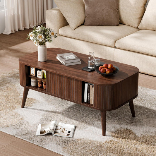 Coffee Tables for Living Room,Oval Fluted Coffee Table with Hidden Storage,39.4" Mid-Century Modern Walnut Wood Coffee Table with Sliding Cabinet Door & Solid Wood Legs