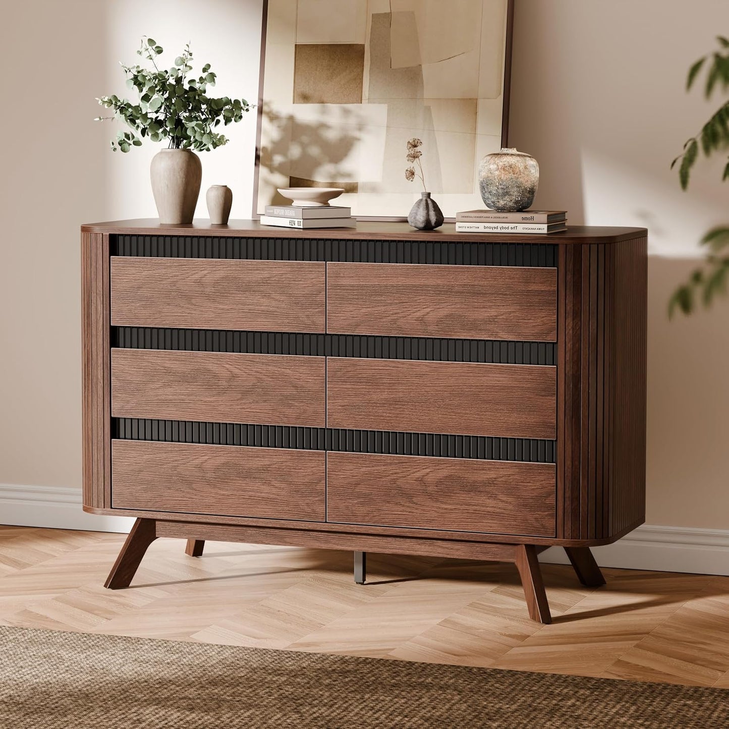 6 Drawer Dresser for Bedroom, Mid-Century Walnut Fluted Bedroom Dresser, 47.2" Wide Clothes Dresser, Modern Curved Profile Design Storage Organizer for Bedroom, Living Room, Hallway
