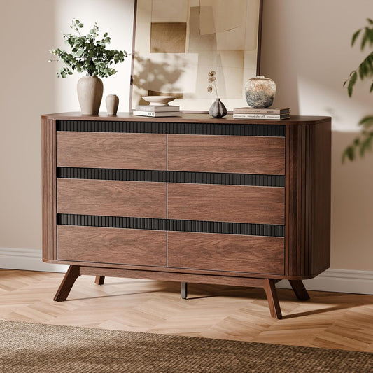 6 Drawer Dresser for Bedroom, Mid-Century Walnut Fluted Bedroom Dresser, 47.2" Wide Clothes Dresser, Modern Curved Profile Design Storage Organizer for Bedroom, Living Room, Hallway