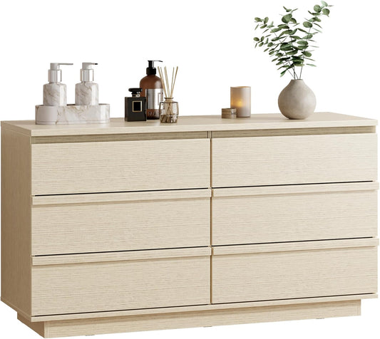 6 Drawer Dresser for Bedroom, 47" Wide Double Dresser, Chest of Drawers with No-Handle Design, Minimalist Wood Storage Dressers Organizer Furniture for Nursery, Living Room, Entryway, Light Oak