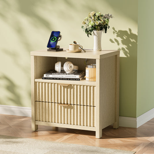 RELAXBAYS Light Oak Nightstand with Charging Station, Modern Fluted Night Stand with 2 Drawers and Open Shelf, Wood Bedside Table with Outlet, Night Table for Bedroom, Living Room, Natural Oak