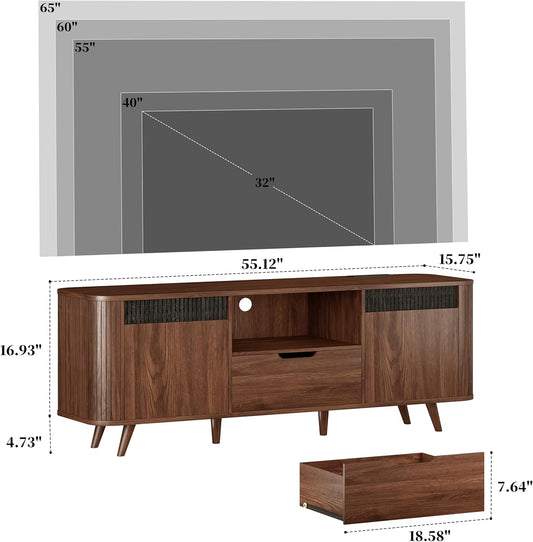 Mid Century Modern TV Stand up to 65 Inch with Power Outlet USB Type-C, Entertainment Center Fluted Wood TV Console with Storage Drawer for Living Room/Bedroom, Walnut