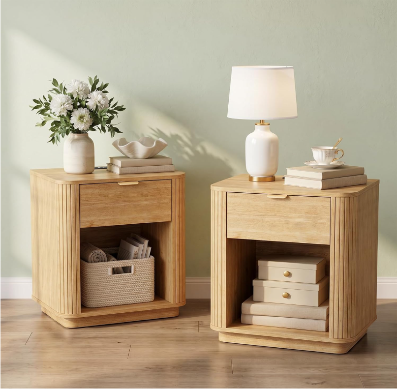 Modern Nightstands Set of 2 with Charging Station, Natural Oak Fluted Wood Night Stand, Minimalist Bedside Table, Drawer & Open Shelf, Curved Design, Metal Handle, Bedroom Side Table