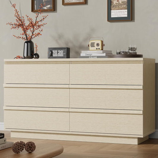 6 Drawer Dresser for Bedroom, 47" Wide Double Dresser, Chest of Drawers with No-Handle Design, Minimalist Wood Storage Dressers Organizer Furniture for Nursery, Living Room, Entryway, Light Oak