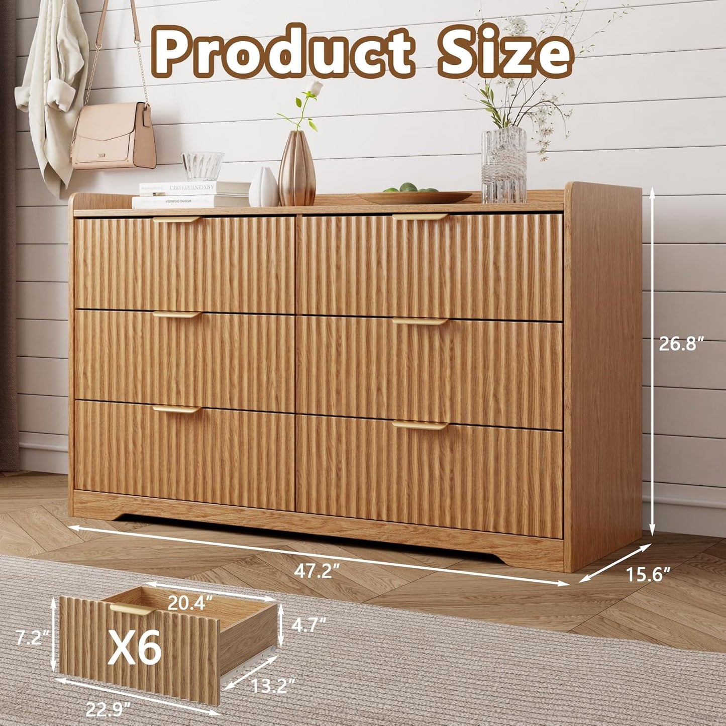 Fluted Dresser for Bedroom 6-Drawer Chest of Drawers, 47" Wide Clothes Dresser for Small Spaces, Modern Wood TV Stand Organizer for Living Room, Horizontal Storage Cabinets,Natural Oak