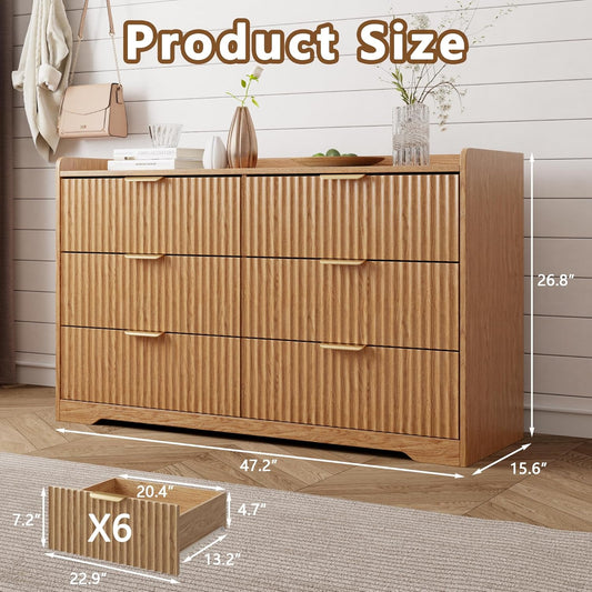 Fluted Dresser for Bedroom 6-Drawer Chest of Drawers, 47" Wide Clothes Dresser for Small Spaces, Modern Wood TV Stand Organizer for Living Room, Horizontal Storage Cabinets,Natural Oak