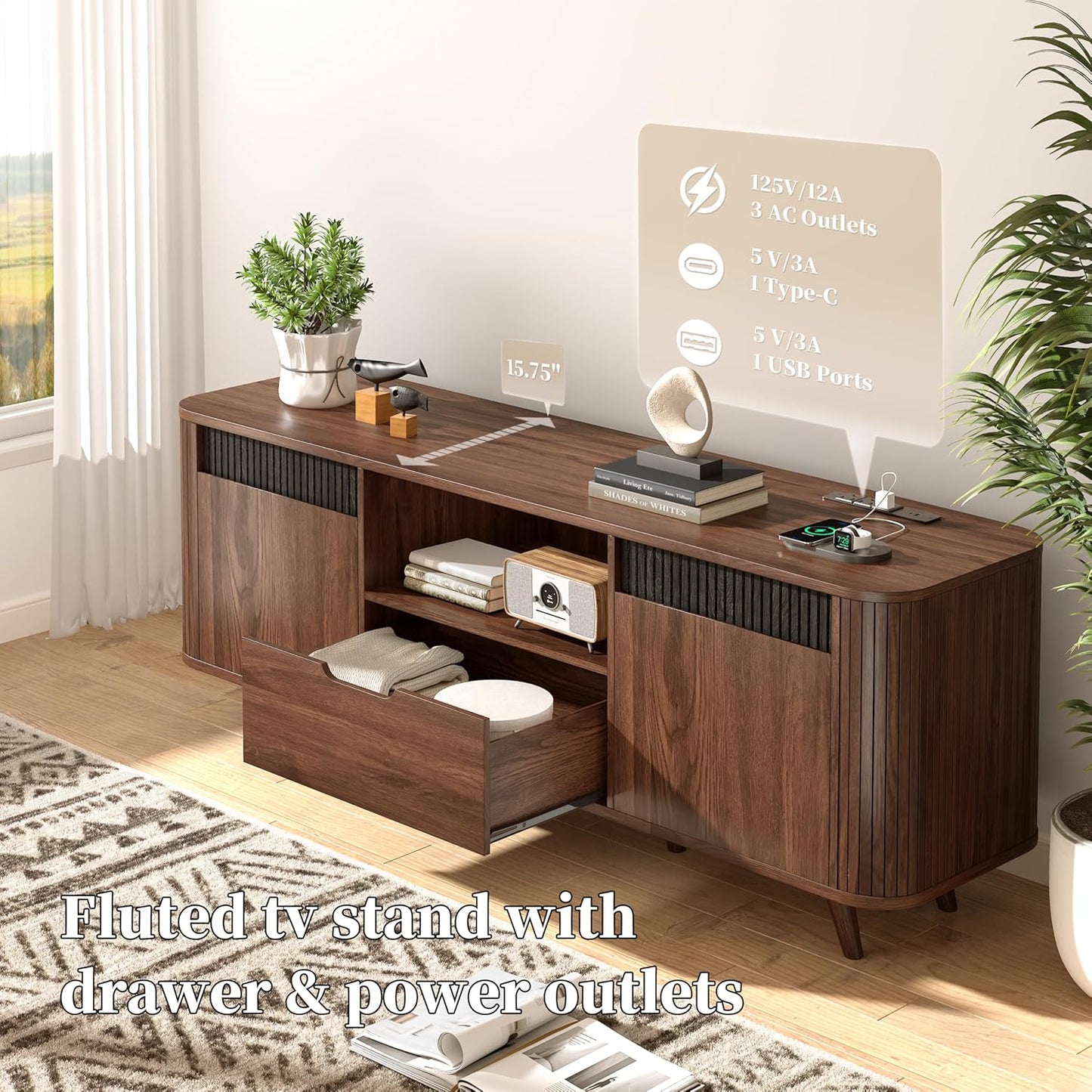 Mid Century Modern TV Stand up to 65 Inch with Power Outlet USB Type-C, Entertainment Center Fluted Wood TV Console with Storage Drawer for Living Room/Bedroom, Walnut