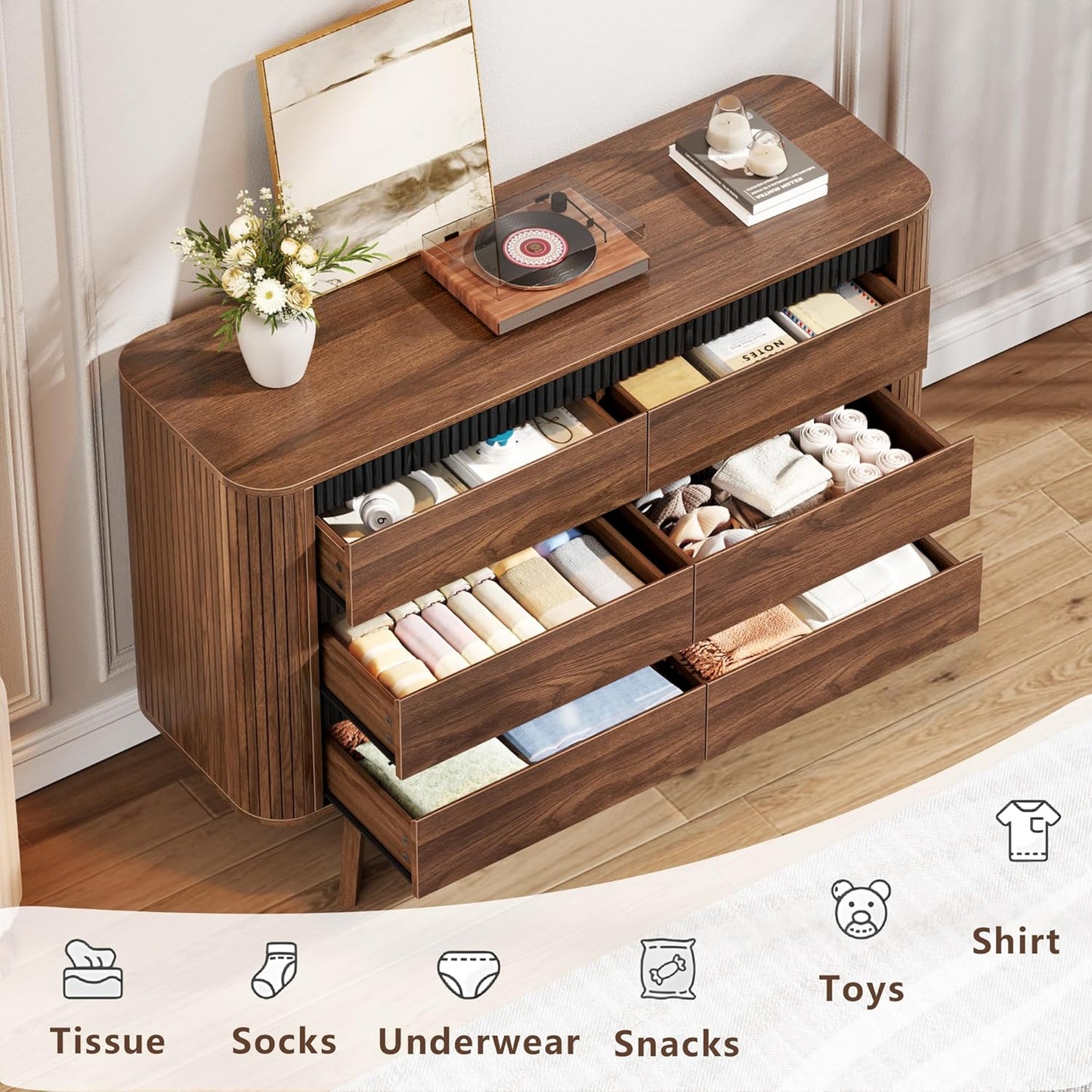 6 Drawer Dresser for Bedroom, Mid-Century Walnut Fluted Bedroom Dresser, 47.2" Wide Clothes Dresser, Modern Curved Profile Design Storage Organizer for Bedroom, Living Room, Hallway