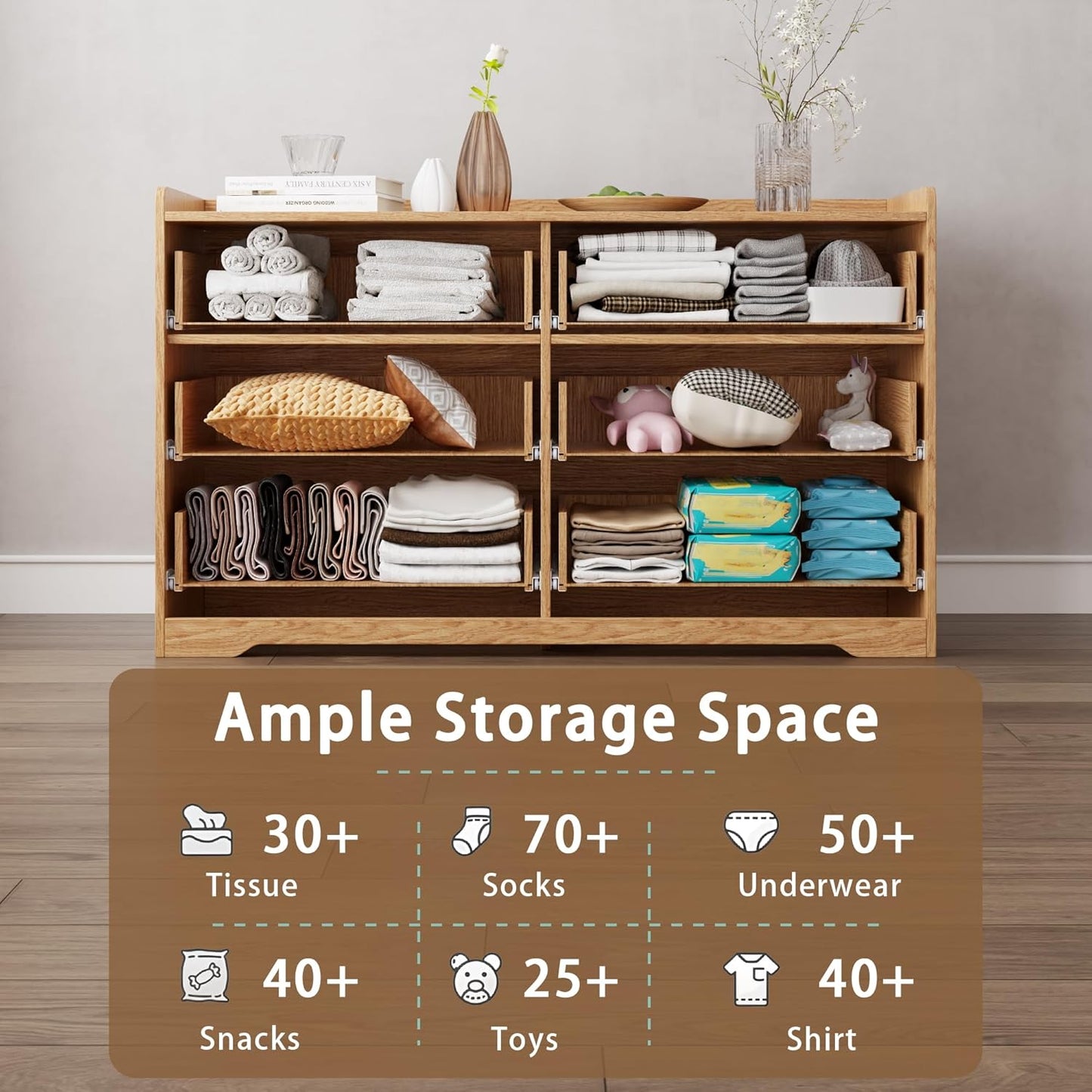 Fluted Dresser for Bedroom 6-Drawer Chest of Drawers, 47" Wide Clothes Dresser for Small Spaces, Modern Wood TV Stand Organizer for Living Room, Horizontal Storage Cabinets,Natural Oak