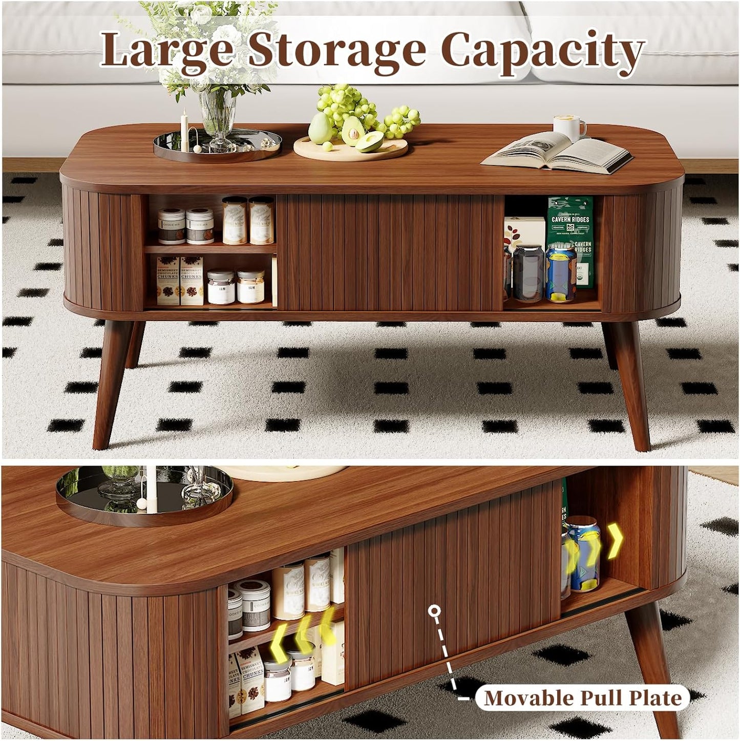Coffee Tables for Living Room,Oval Fluted Coffee Table with Hidden Storage,39.4" Mid-Century Modern Walnut Wood Coffee Table with Sliding Cabinet Door & Solid Wood Legs