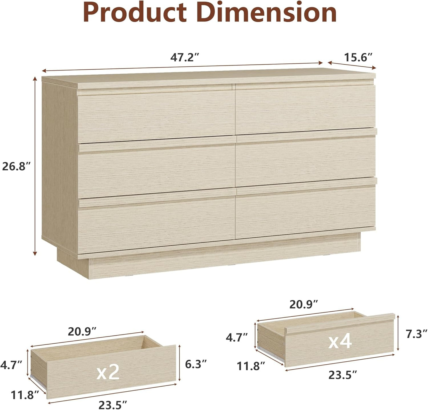 6 Drawer Dresser for Bedroom, 47" Wide Double Dresser, Chest of Drawers with No-Handle Design, Minimalist Wood Storage Dressers Organizer Furniture for Nursery, Living Room, Entryway, Light Oak