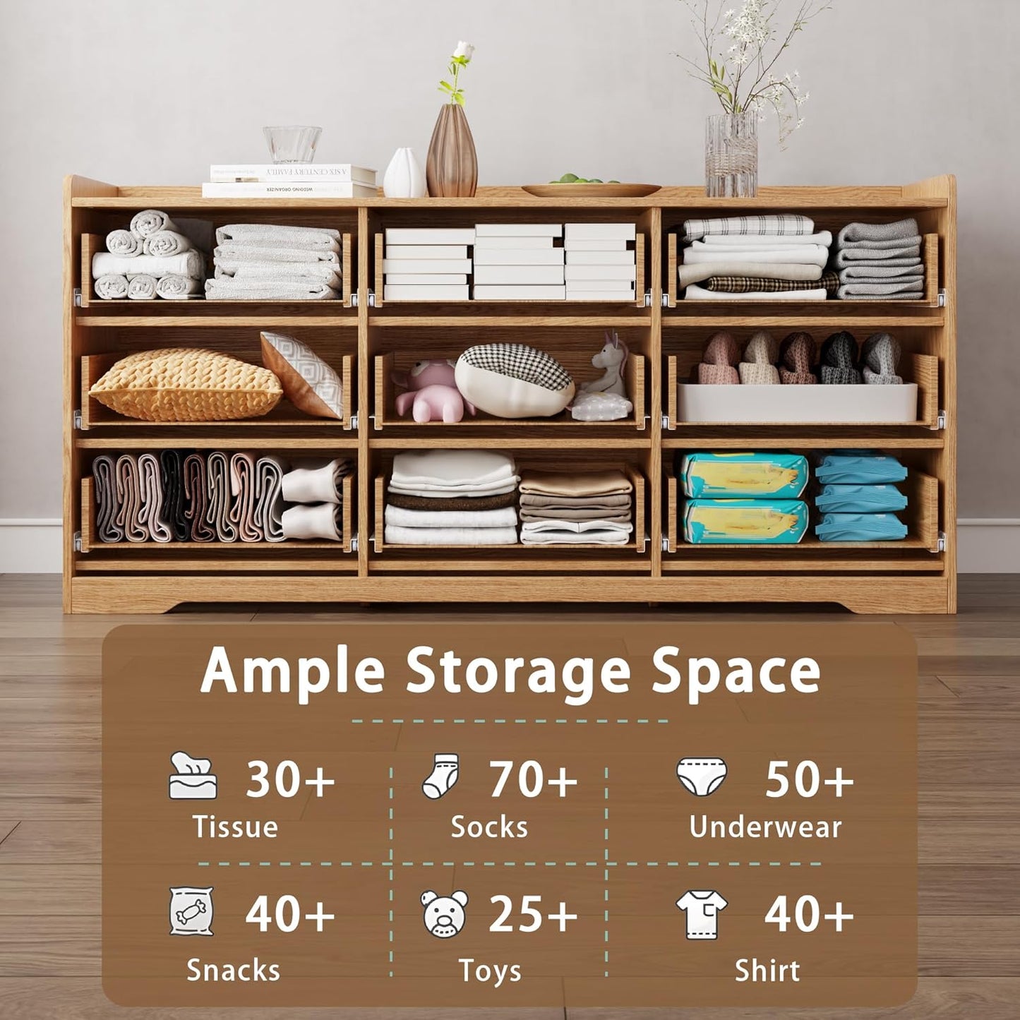 9-Drawer Fluted Chest of Drawers, 57.9" Wide Dresser for Boho Theme Bedroom, Modern Wood TV Stand Organizer for Living Room, Wooden Deep Drawer Chest with Metal Handle, Natural Oak