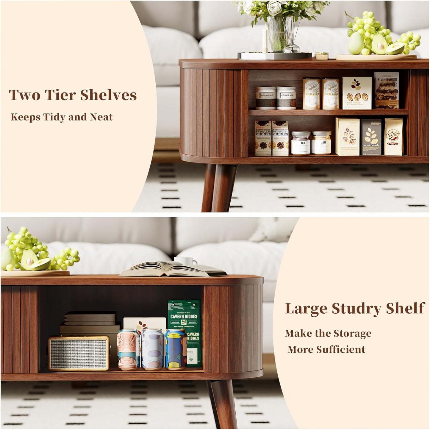 Coffee Tables for Living Room,Oval Fluted Coffee Table with Hidden Storage,39.4" Mid-Century Modern Walnut Wood Coffee Table with Sliding Cabinet Door & Solid Wood Legs