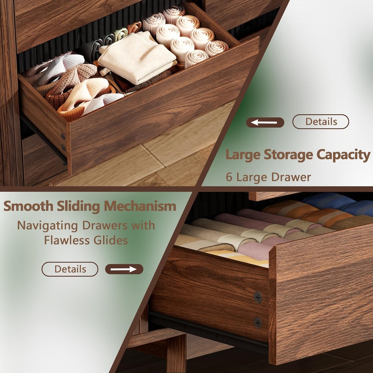 6 Drawer Dresser for Bedroom, Mid-Century Walnut Fluted Bedroom Dresser, 47.2" Wide Clothes Dresser, Modern Curved Profile Design Storage Organizer for Bedroom, Living Room, Hallway