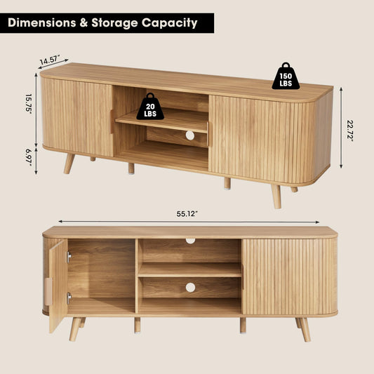 55" Fluted TV Stand,  Entertainment Center for 43 55 60 65 inch TVs,  Mid Century Modern Media Console Table with Wooden Shelves,  TV Storage Cabinet with Fluted doors, for Living Room/Bedroom, Oak