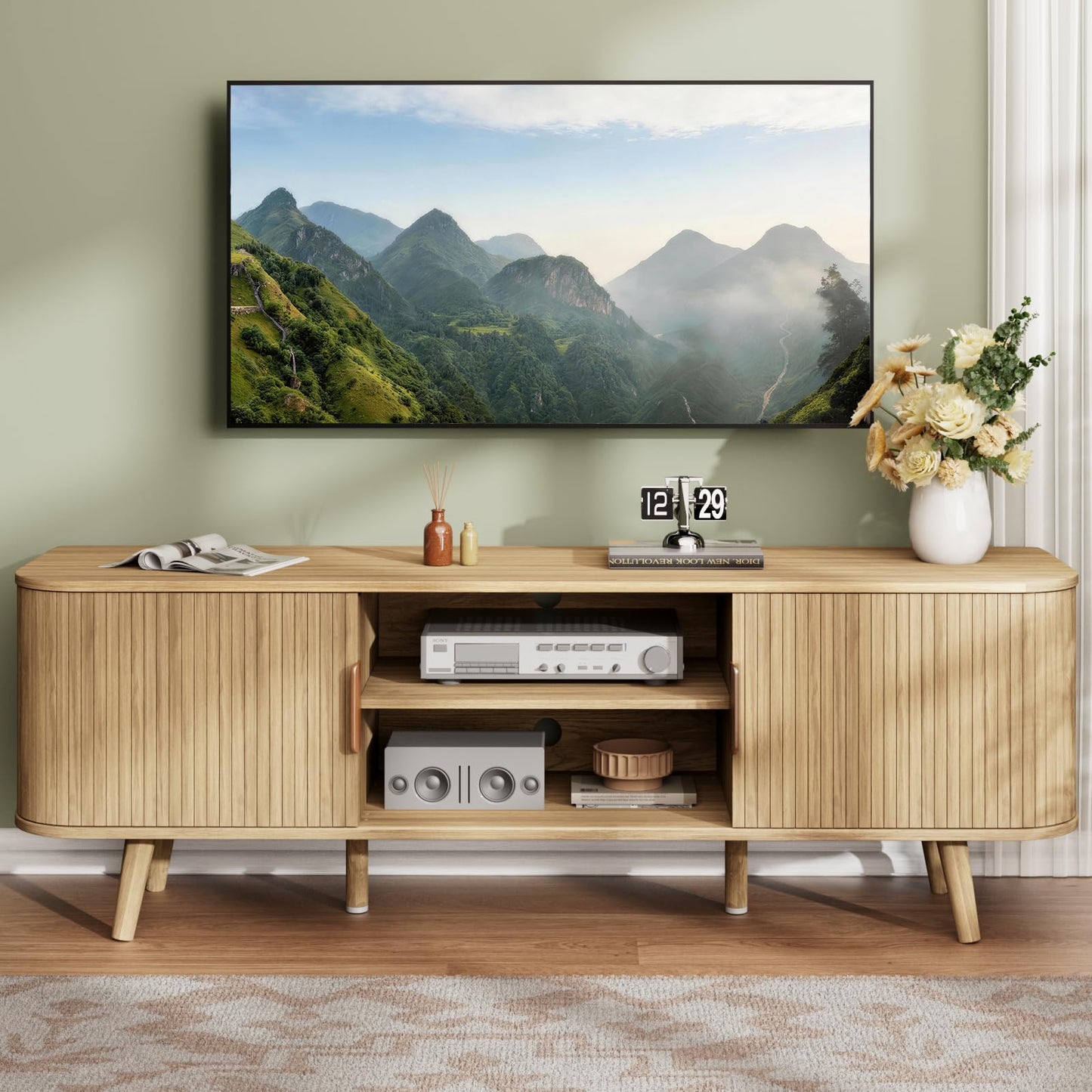 55" Fluted TV Stand,  Entertainment Center for 43 55 60 65 inch TVs,  Mid Century Modern Media Console Table with Wooden Shelves,  TV Storage Cabinet with Fluted doors, for Living Room/Bedroom, Oak