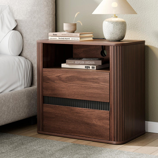 23.6" Nightstand with Charging Station, Walnut Night Stand with 2 Drawers & Open Shelf, Fluted Side, Rounded Edge End Table, Bedside Table for Bedroom, Entryway