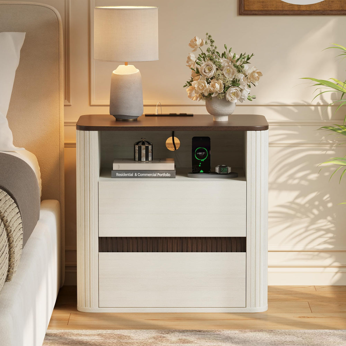 23.6" Nightstand with Charging Station, Beige Night Stand with 2 Drawers & Open Shelf, Fluted Side, Rounded Edge End Table, Bedside Table for Bedroom, Entryway