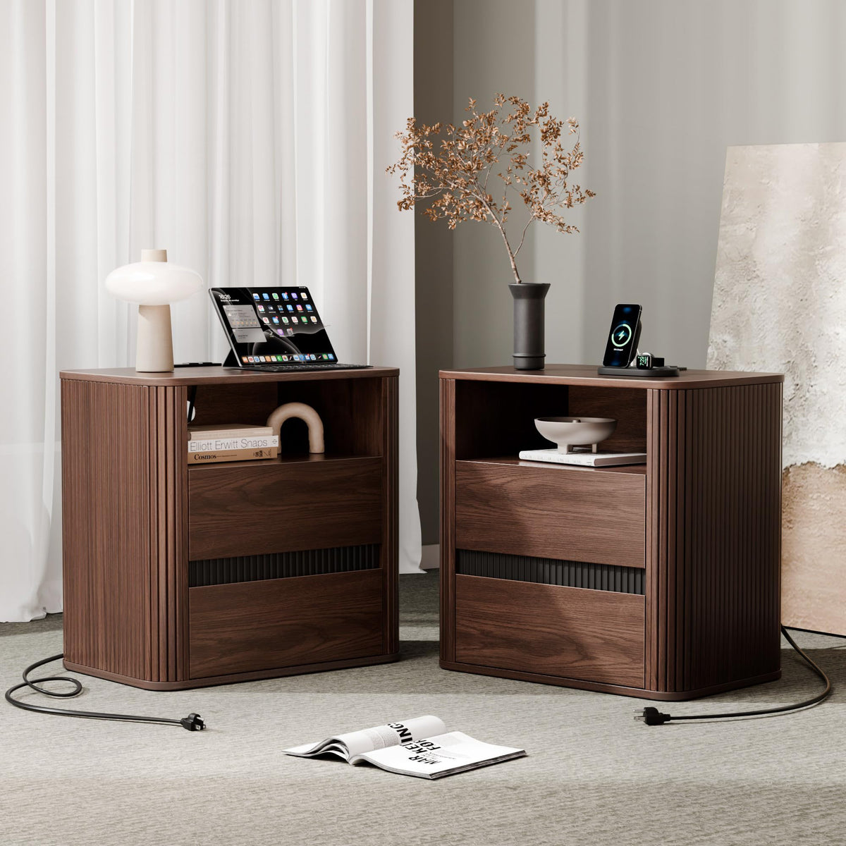 23.6" Night Stand Set 2 with Charging Station, Fluted Side Walnut Wood Bedside Table with 2 Drawers & Open Shelf, Rounded Edge Nightstands, End Table for Bedroom, Entryway