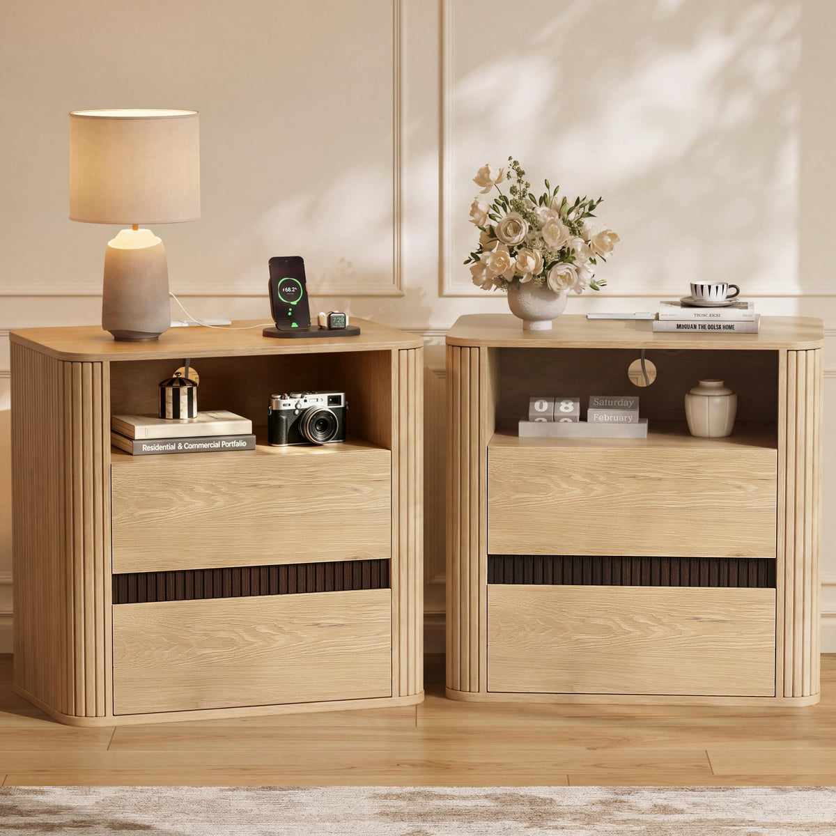 Nightstand with Charging Station Set of 2, Oak Night Stand with 2 Drawers & Open Shelf, Fluted Side, Rounded Edge End Table, Bedside Table for Bedroom, Entryway