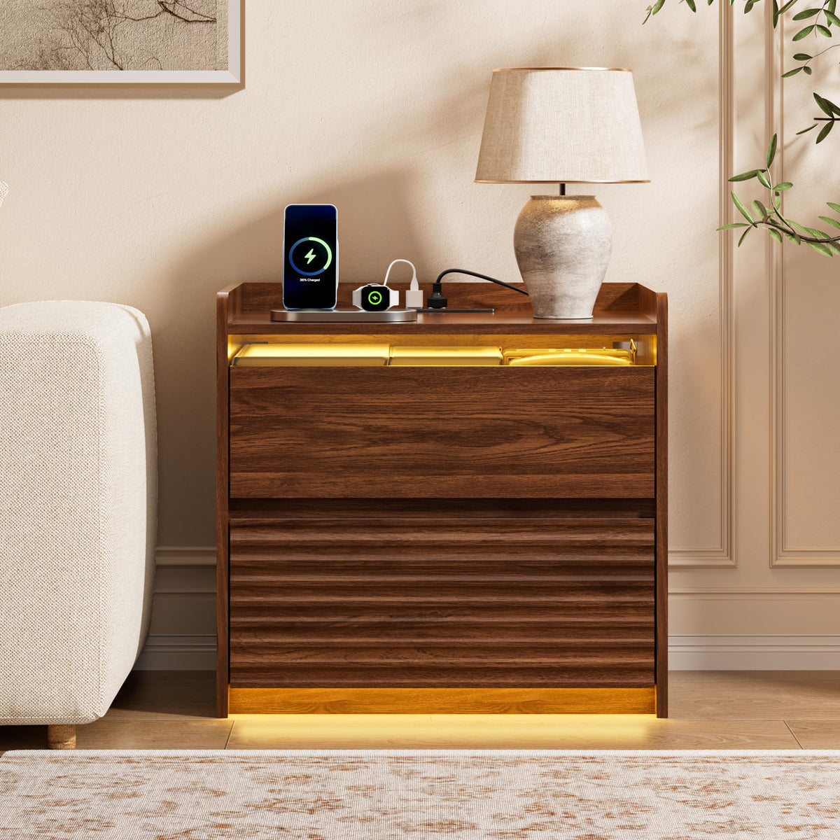 LED Nightstand with Charging Station, Fluted Walnut Bedside Table End Table & Night Stand with 2 Drawers, Glass Panel & Raised Edge Top for Bedroom, Living Room, Entryway, Small Spaces