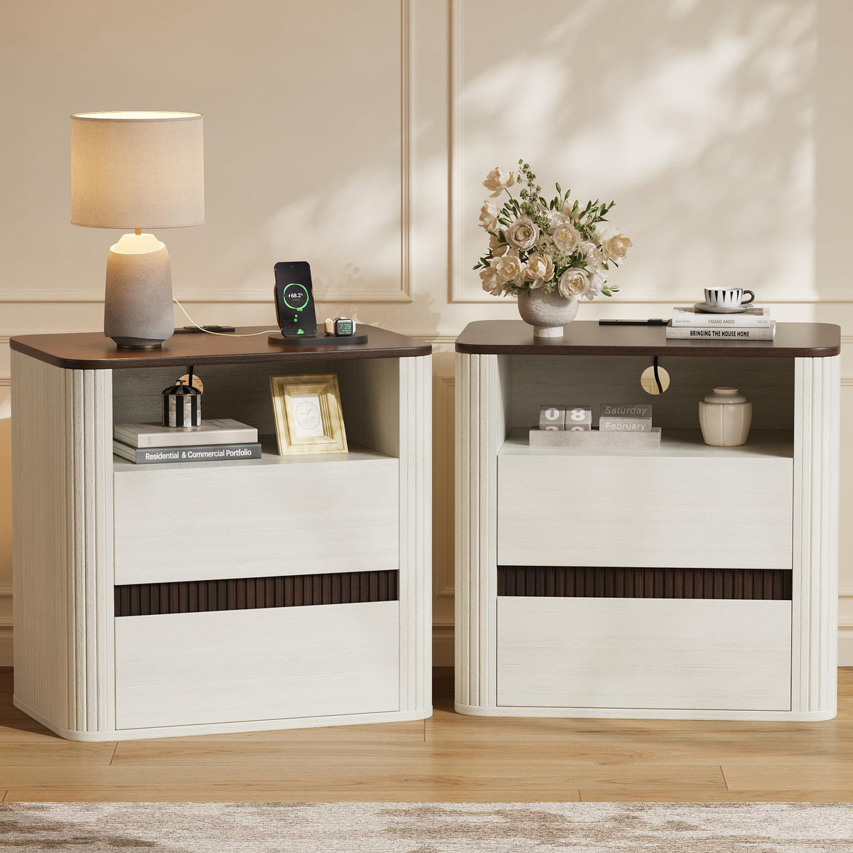 23.6" Nightstand with Charging Station Set of 2, Beige Night Stand with 2 Drawers & Open Shelf, Fluted Side, Rounded Edge End Table, Bedside Table for Bedroom, Entryway