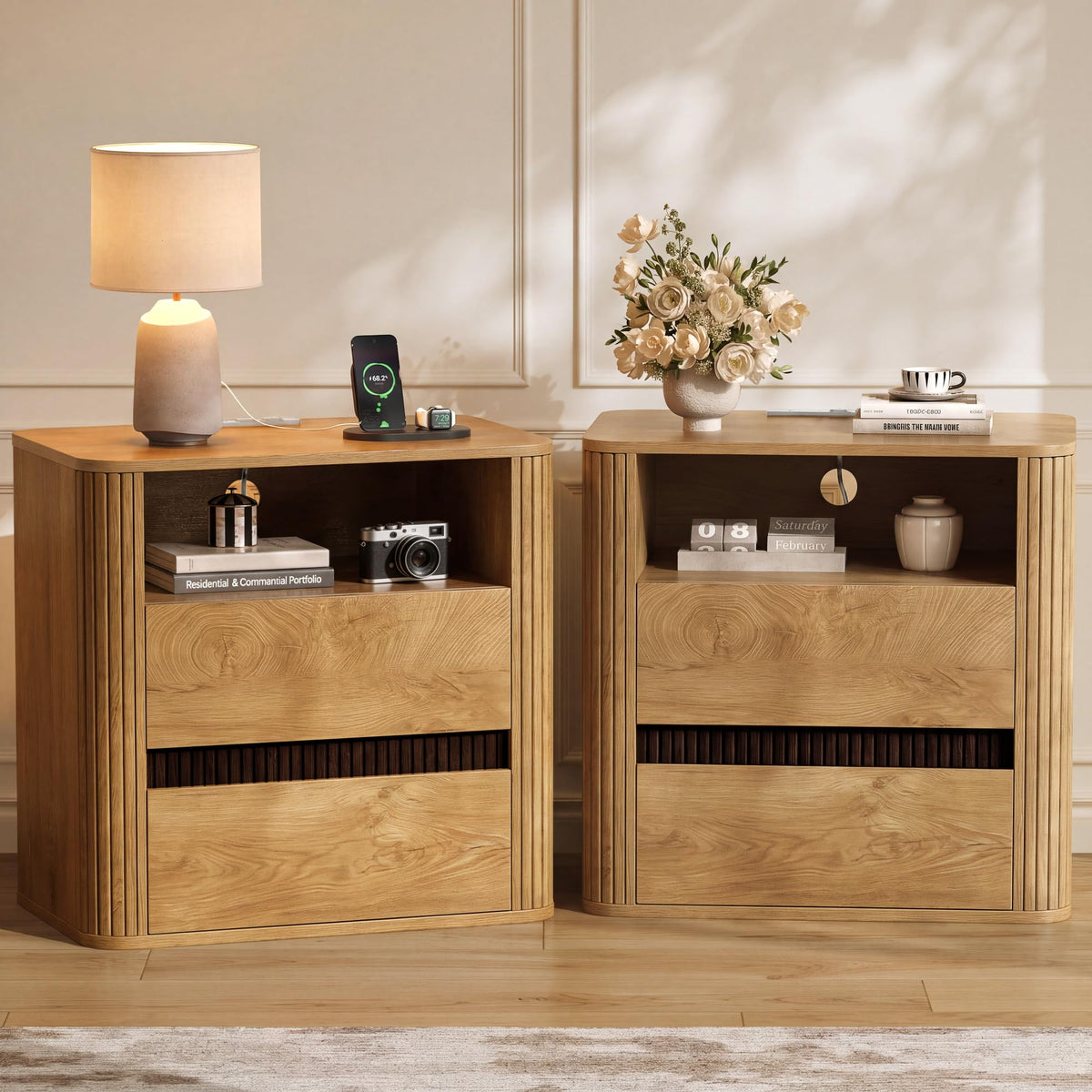 Nightstand with Charging Station Set of 2, Light Oak Night Stand with 2 Drawers & Open Shelf, Fluted Side, Rounded Edge End Table, Bedside Table for Bedroom, Entryway