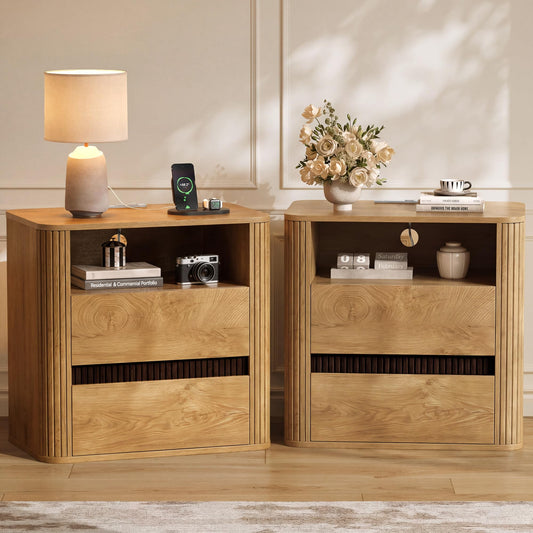 Nightstand with Charging Station Set of 2, Light Oak Night Stand with 2 Drawers & Open Shelf, Fluted Side, Rounded Edge End Table, Bedside Table for Bedroom, Entryway