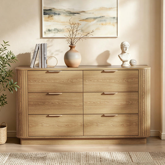 6 Drawer Dresser for Bedroom, 47'' Wide Chest of Drawers, Natural Oak Fluted Wood Dressers with Metal Handle & Smooth Slides, Modern Dresser for Closet, Living Room, Hallway, Entryway