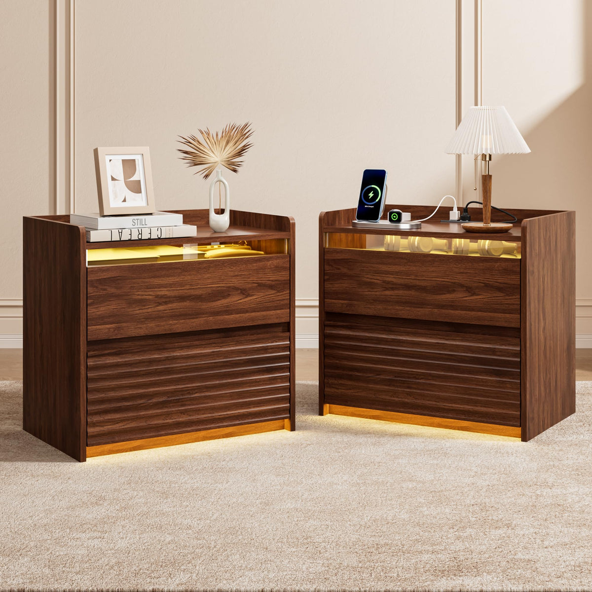 LED Nightstands Set of 2, Charging Station, Fluted Bedside Tables Walnut Wood Night Stands & End Tables with 2 Drawers, Glass Panel & Raised Edge Top for Bedroom, Living Room, Small Spaces
