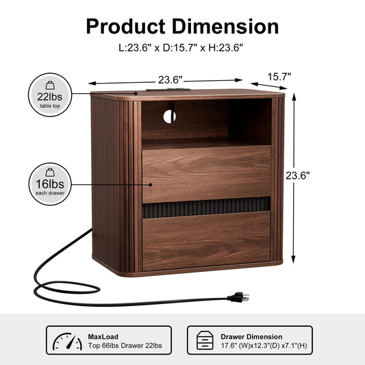 23.6" Nightstand with Charging Station, Walnut Night Stand with 2 Drawers & Open Shelf, Fluted Side, Rounded Edge End Table, Bedside Table for Bedroom, Entryway