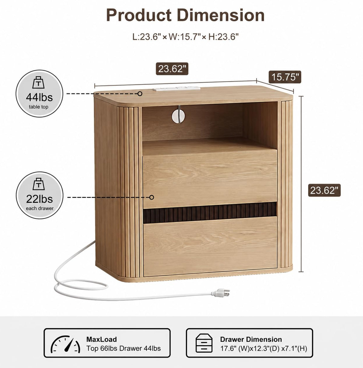 Nightstand with Charging Station Set of 2, Oak Night Stand with 2 Drawers & Open Shelf, Fluted Side, Rounded Edge End Table, Bedside Table for Bedroom, Entryway