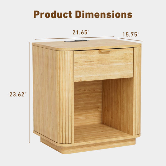 Modern Nightstand with Charging Station, Natural Oak End Table Fluted Wood Night Stand, Mid-Century Bedside Table, Drawer & Open Shelf, Curved Design, Metal Handle, Bedroom Side Table