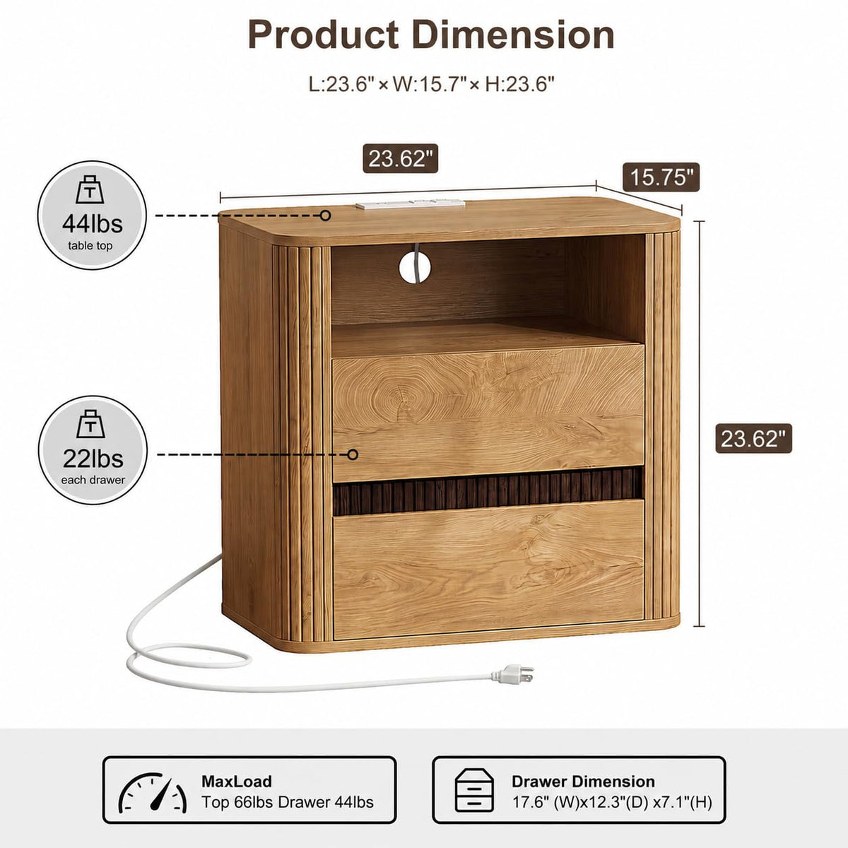 Nightstand with Charging Station Set of 2, Light Oak Night Stand with 2 Drawers & Open Shelf, Fluted Side, Rounded Edge End Table, Bedside Table for Bedroom, Entryway