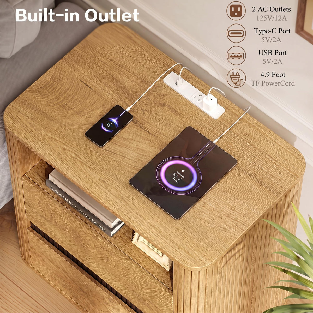 23.6" Nightstand with Charging Station, Light Oak Night Stand with 2 Drawers & Open Shelf, Fluted Side, Rounded Edge End Table, Bedside Table for Bedroom, Entryway