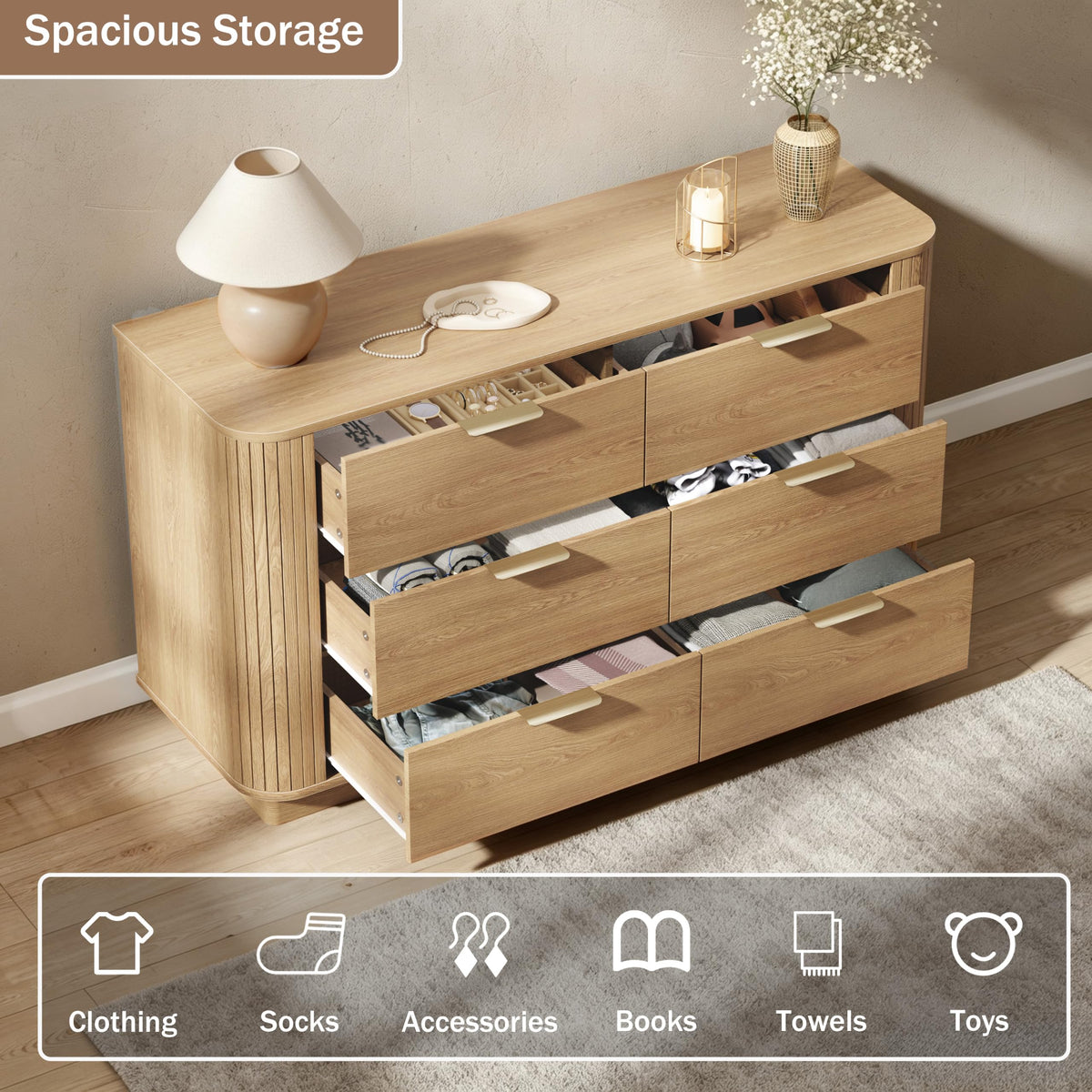 6 Drawer Dresser for Bedroom, 47'' Wide Chest of Drawers, Natural Oak Fluted Wood Dressers with Metal Handle & Smooth Slides, Modern Dresser for Closet, Living Room, Hallway, Entryway