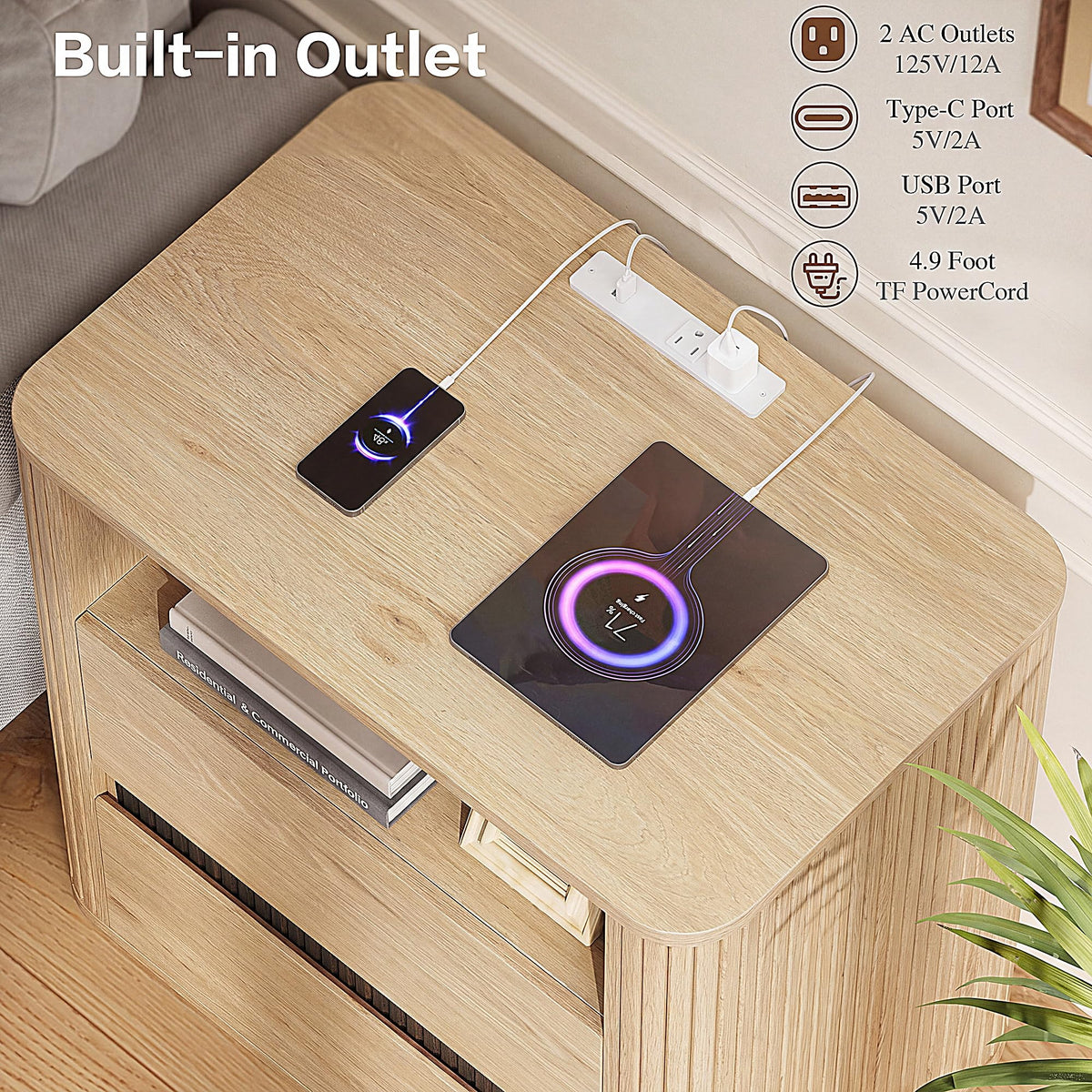 23.6" Nightstand with Charging Station, Oak Night Stand with 2 Drawers & Open Shelf, Fluted Side, Rounded Edge End Table, Bedside Table for Bedroom, Entryway